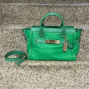 Coach all leather green bag with long strap